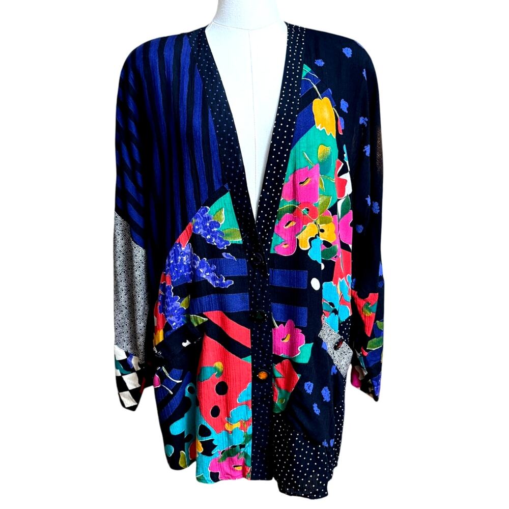 Carol Little Patchwork Vintage Jacket Size 4 Oversize 100% Rayon Long Sleeves - Picture 3 of 10